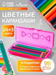 9317648 Карандаши 24 цвета Calligrata, ЭКОНОМ, заточенные, шестигранные, пластиковые, пенал-футляр и 3 чернографитных карандаша с ластиком в ПОДАРОК, МИКС
