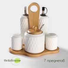 УЦЕНКА Набор сервировочный фарфоровый BellaTenero, 7 предметов: солонка 100 мл, перечница 100 мл, сахарница с ложкой 350 мл, молочник 310 мл, салфетница, подставка, цвет белый 5478707