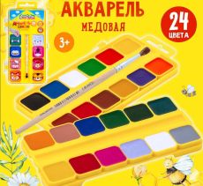 Акварель 24 цвета, с кисточкой, пластиковая упаковка с европодвесом Каляка-Маляка