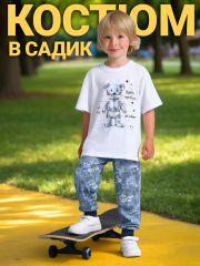 546599 Апрель Брюки белый+джинсовый стиль+темно-синий77 / Глянцевый мишка