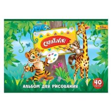 Альбом для рисования 40 л., А4-, скрепка, CREATIVIKI, ВД-лак