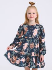 477432 Апрель Платье белочки и шиповник на темно-синем