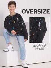 472087 Апрель Лонгслив цветные брызги краски+черный
