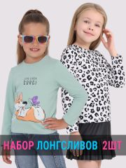 552052 Апрель Лонгслив светло-зеленый+черный леопард на белом / Корги с бабочкой