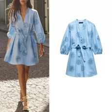 Летнее пышное платье из поплина ZARA с V-образным вырезом и вышивкой