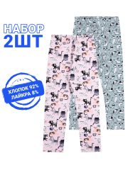 478882 Апрель Легинсы белые собаки на ментоле+полосатые коты на розовом