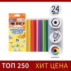 Карандаши 24 цвета Calligrata, заточенные, шестигранные, пластиковые, картонная упаковка, европодвес 6826844
