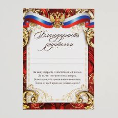 ЦЕНА ЗА 40 ШТ! 7296009 Грамота «Благодарность родителям», символика, А5, 157 гр/кв.м