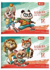 Альбом для рисования 12 листов, А4, скрепка ВЕСЕЛЫЕ ЗВЕРЯТА мелованный картон, ВД-лак