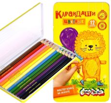 Набор цветных карандашей в металлическом пенале 12 цветов, шестигранные, дерево, 3+ Каляка-Маляка
