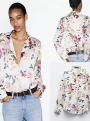 Атласная рубашка ZARA в стиле ретро с цветочным принтом