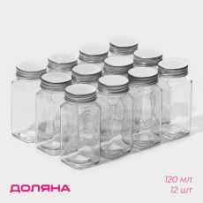 Набор баночек для специй Доляна «Эко», 120 мл, 4.5×10.5 см, 12 шт., стекло, с металлической крышкой