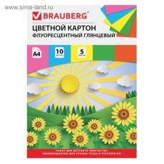 4554161 Картон цветной А4 мелованный, флуоресцентный, 10 листов, 5 цветов, в папке, BRAUBERG, «Лето»