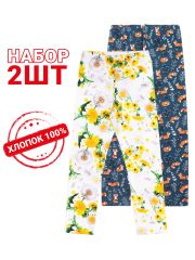 461678 Апрель Легинсы лисички на морской волне+одуванчики на белом