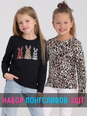 552056 Апрель Лонгслив черный+черный леопард на коричневом / Принтованные зайцы