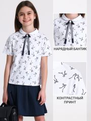 528829 Апрель Блузка темно-синие бантики на белом+белый