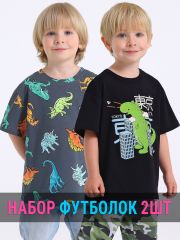 552095 Апрель Футболка цветные фигурки динозавров на темно-сером+черный / Дино в Токио