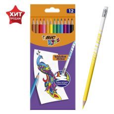 4965865 Карандаши 12 цветов BIC Kids Illusion, детские, шестигранные, с ластиком, стираемые