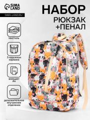 Набор: рюкзак школьный и пенал, с карманами, с рисунком, размер 29×12×41 см, белый/розовый