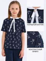 538161 Апрель Блузка белые бантики на темно-синем+белый