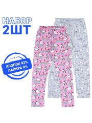 478879 Апрель Легинсы белые кролики на сером+единороги на ярко-розовом