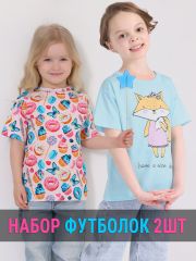 552069 Апрель Футболка светло-голубой+десерты на светло-розовом / Лисенок в платье