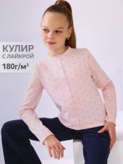 473242 Апрель Лонгслив темно-синий горох на светло-розовом
