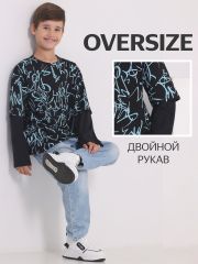 463604 Апрель Лонгслив ярко-голубые граффити на черном+черный