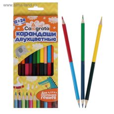 3883843 Карандаши двусторонние, заточенные, 12 штук, 24 цвета, корпус треугольный, деревянный, в картонной коробке