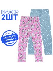 478880 Апрель Легинсы белые пятнышки на бирюзе+единороги и радуги на розовом