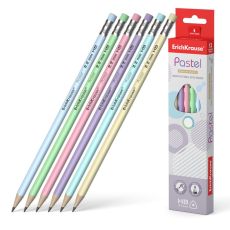 ЦЕНА ЗА 4 ШТ! 9073813 Карандаш чернографитный с ластиком ErichKrause Pastel, HB, грифель d=2.2 мм, дерево, трeхгранный в коробке, микс