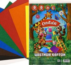 Картон цветной немелованный А4, 8 цветов 8 листов, 190 г/м2, с европодвесом,Creativiki