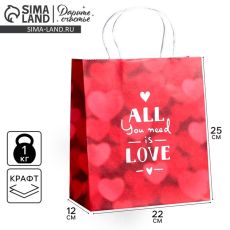 АКЦИЯ! ЦЕНА ЗА 3 ШТ! Пакет подарочный крафт, упаковка, «All you need is love», 22 х 25 х 12 см