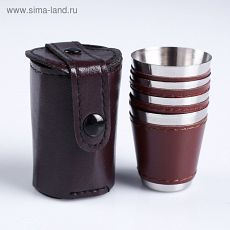 288436 Набор рюмок с отделкой из экокожи, 4 шт. × 30 мл, в коричневом чехле